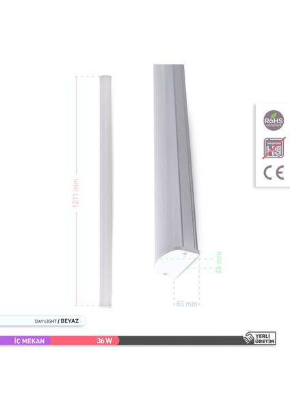 36W Neptün LED Bant Armatür 6500K Beyaz Işık 1205mm indirimleri