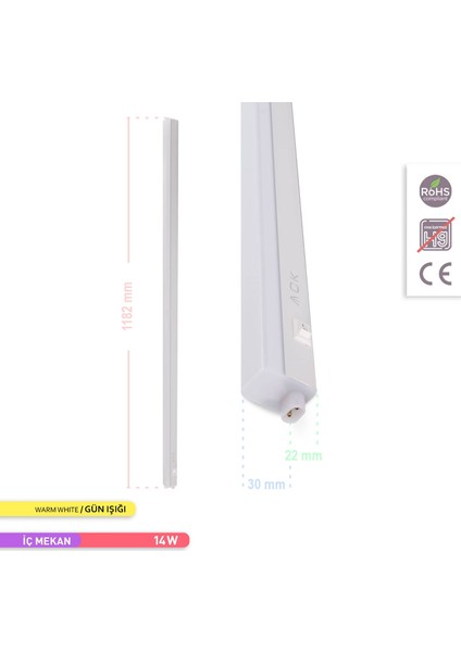 14W Merkür LED Bant Armatür 3000K Gün Işığı 1173mm indirimleri