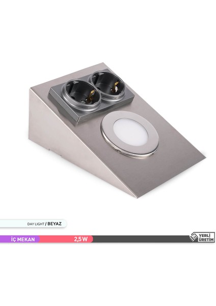 2.5W LED Çift Prizli Tezgah Altı Armatür Saten Kasa 6500K Beyaz Işık