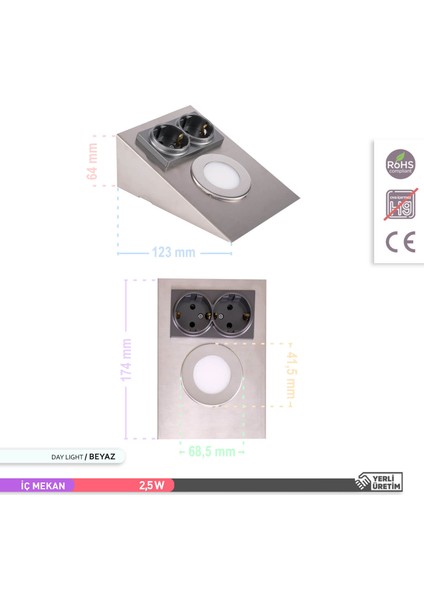 2.5W LED Çift Prizli Tezgah Altı Armatür Saten Kasa 6500K Beyaz Işık fırsatları