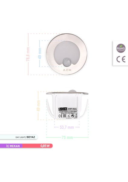 1.5W Sensörlü LED Merdiven-Duvar Armatürü Yuvarlak 6500K Beyaz Işık indirimleri