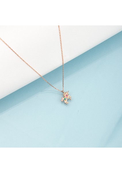 925 Ayar Gümüş Taşlı Unicorn Kolye ( Rose )