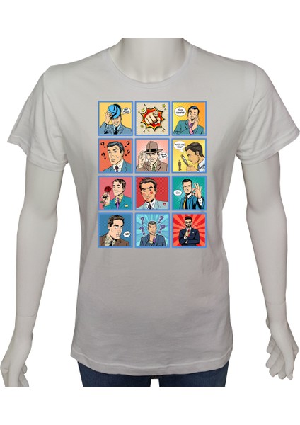 Erkek TShirt Beyaz 'karikatür1' Baskılı Xs