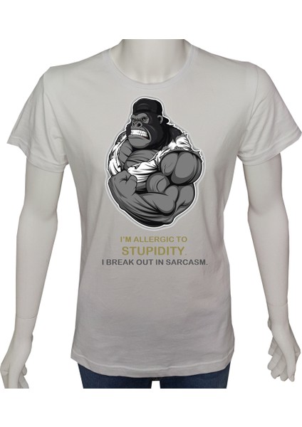 Erkek TShirt Beyaz 'kızgın Goril' Baskılı M
