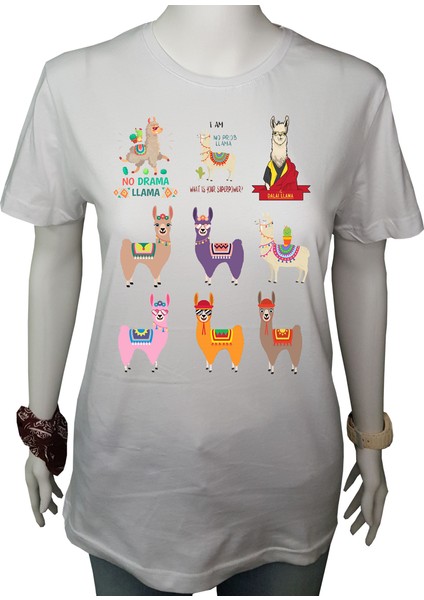Kadın TShirt Beyaz 'lamalar' Baskılı S