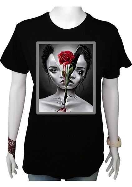 Kadın TShirt Siyah 'gül&kadın' Baskılı Xl