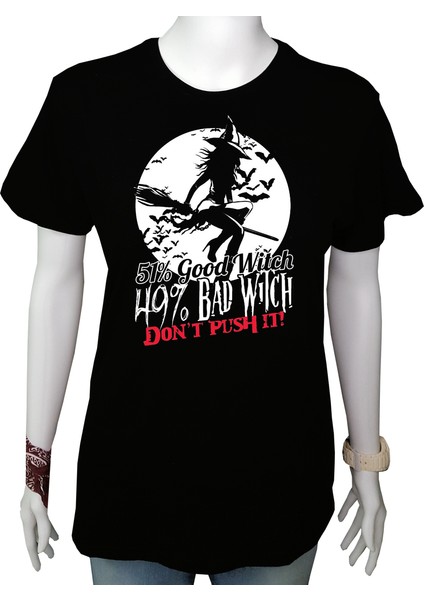 Kadın TShirt Siyah 'uçan Cadı' Baskılı L