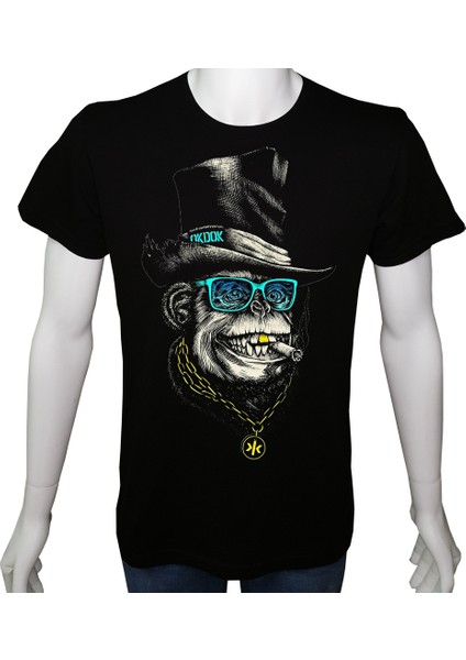 Erkek TShirt Siyah 'şapkalı Maymun' Baskılı L