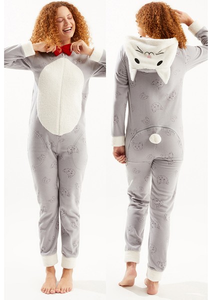 Kadın Gri Sevimli Kedi Baskılı Arka Fermuarlı Polar Tulum Pijama modelleri