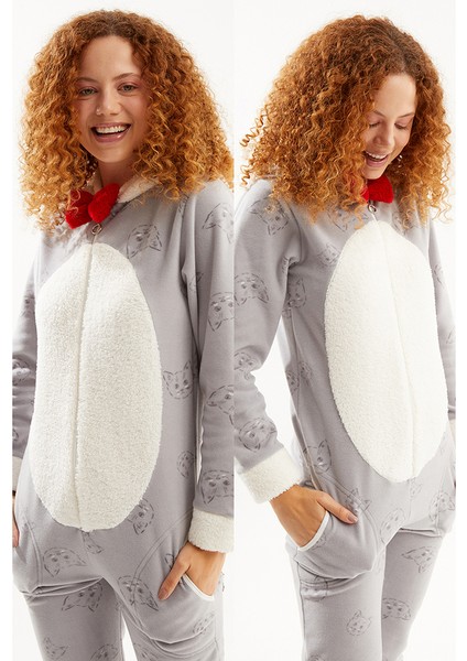 Kadın Gri Sevimli Kedi Baskılı Arka Fermuarlı Polar Tulum Pijama fırsatları