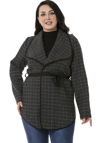 Büyük Beden Şal Yaka Biye Detaylı Kuşaklı Astarsız Siyah Ceket