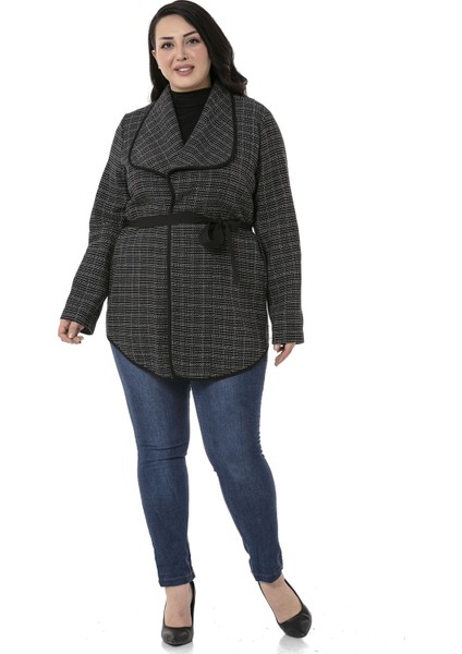 Büyük Beden Şal Yaka Biye Detaylı Kuşaklı Astarsız Siyah Ceket fiyatları