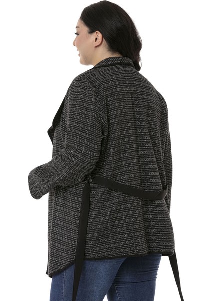 Büyük Beden Şal Yaka Biye Detaylı Kuşaklı Astarsız Siyah Ceket modelleri