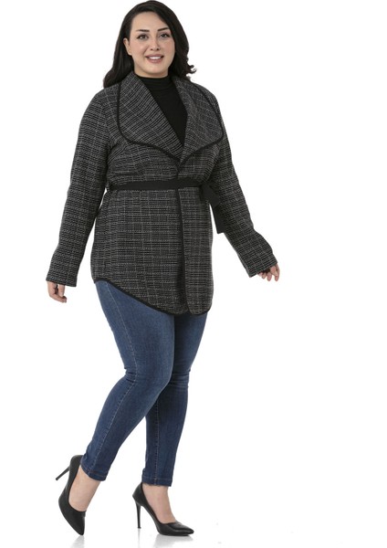 Büyük Beden Şal Yaka Biye Detaylı Kuşaklı Astarsız Siyah Ceket fırsatları