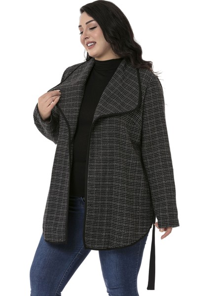 Büyük Beden Şal Yaka Biye Detaylı Kuşaklı Astarsız Siyah Ceket indirimleri