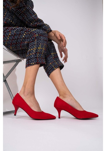 Kadın Kısa Topuklu Kırmızı Süet Stiletto Ayakkabı - Candy