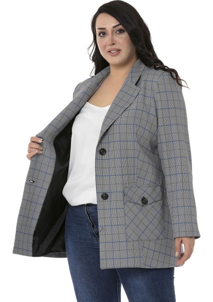 Büyük Beden Kuşaklı Düğmeli Kapaklı Cepli Astarlı Blazer Siyah Mavi Ceket indirimleri