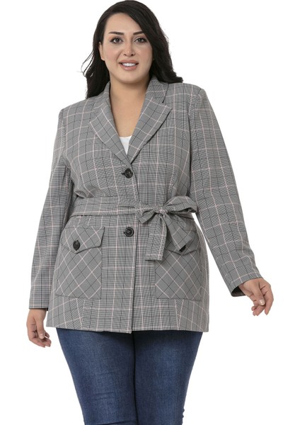 Büyük Beden Kuşaklı Düğmeli Kapaklı Cepli Astarlı Blazer Siyah Pembe Ceket