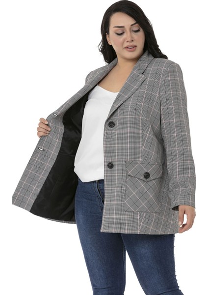 Büyük Beden Kuşaklı Düğmeli Kapaklı Cepli Astarlı Blazer Siyah Pembe Ceket indirimleri