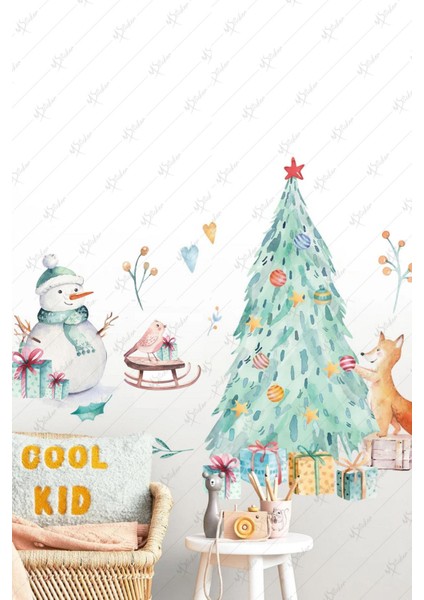 Yılbaşı Ağacı ve Sevimli Hayvanlar Cam Duvar Sticker Seti, Yılbaşı Sticker Yılbaşı Süsü