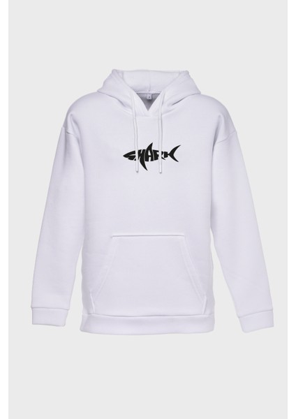 Shark Minimal Baskili Kapüşonlu Üç Iplik Sweatshirt Oversize Hoodie
