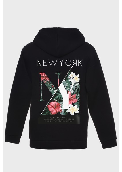 New York Sirt Baskili Kapüşonlu Üç Iplik Sweatshirt Oversize Hoodie