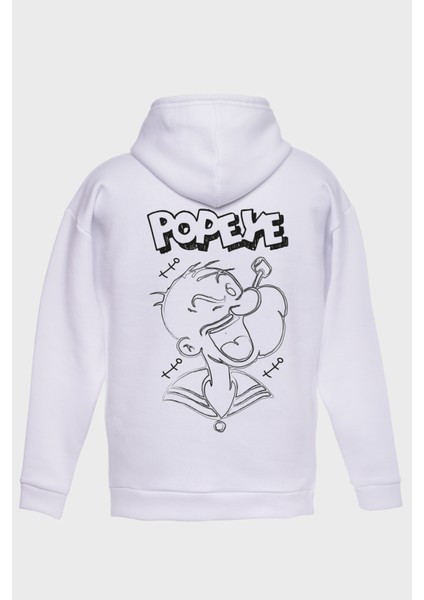 Popeye Sirt Baskili Kapüşonlu Üç Iplik Sweatshirt Oversize Hoodie