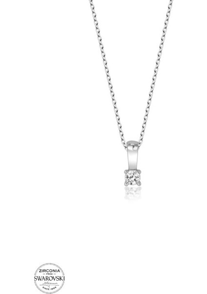 Swarovski Zirconia Yuvarlak Tek Taş Pırlanta Montür 925 Ayar Gümüş Kolye