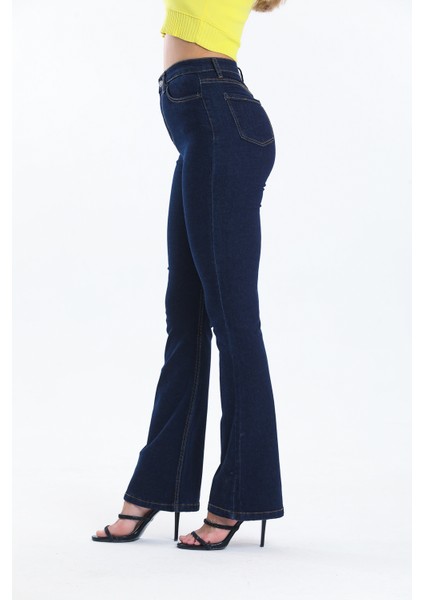 Lacivert Ispanyol Paça Kot Pantolon Flare Jean