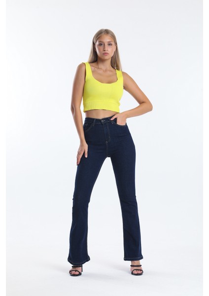 Lacivert Ispanyol Paça Kot Pantolon Flare Jean