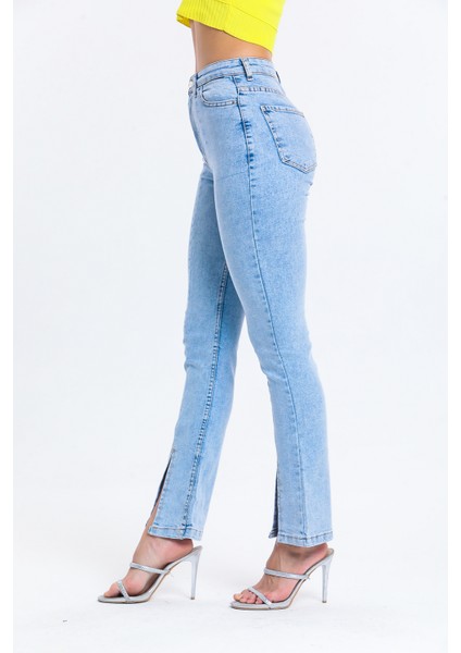 Buz Mavi Ispanyol Paça Yırtık Kot Pantolon Flare Jean