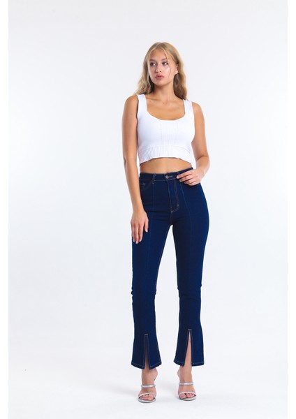 Lacivert Ispanyol Paça Yırtık Kot Pantolon Flare Jean
