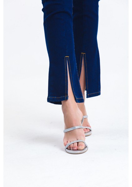 Lacivert Ispanyol Paça Yırtık Kot Pantolon Flare Jean