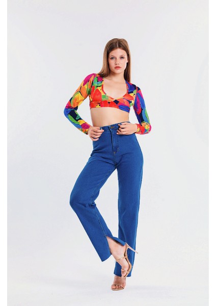 Mavi Bol Paça Yırtmaçlı Kot Pantolon Flare Jean