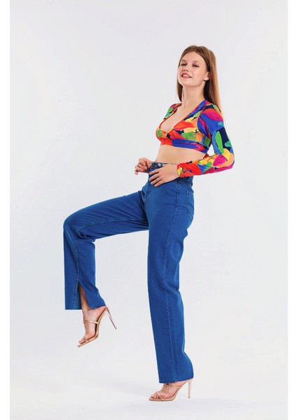 Mavi Bol Paça Yırtmaçlı Kot Pantolon Flare Jean fiyatları