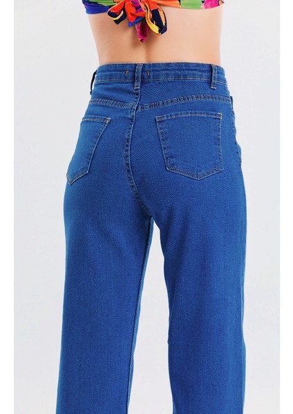 Mavi Bol Paça Yırtmaçlı Kot Pantolon Flare Jean fırsatları