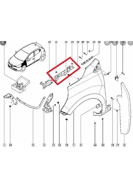 Renault Clıo- Hb- 16/20 Ön Çamurluk Bağlantı Suportu Sol (Orta Kısım) (Sac) 641356433R modelleri