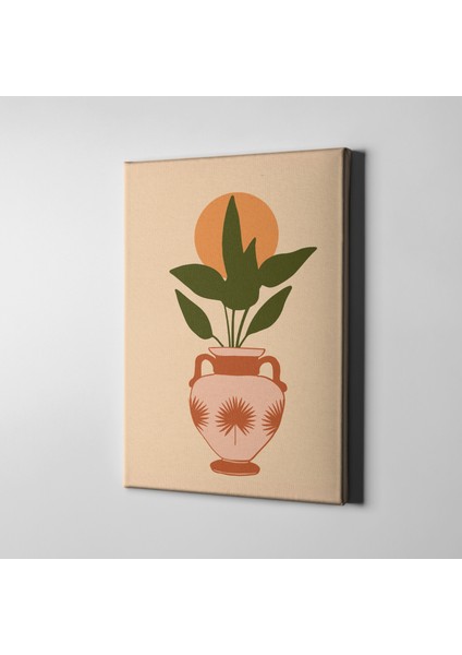 Geometrik Zeminde Otantik Kulplu Vazo Içinde Yeşil Yapraklar Minimalist Kanvas Tablo