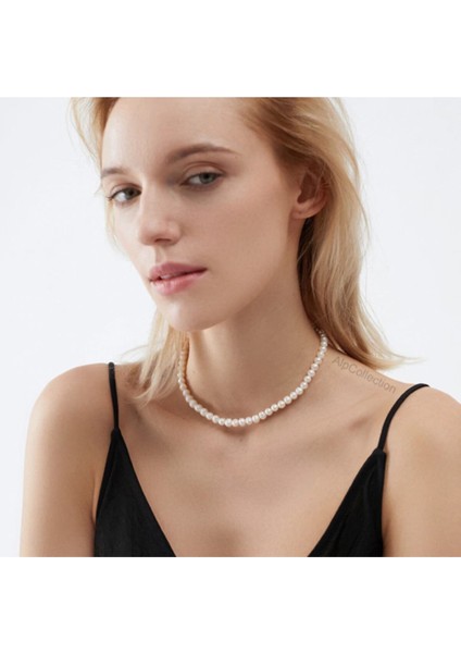 Beyaz Plastik Inci Görünümlü 40 cm Choker Kolye Takı Aksesuar