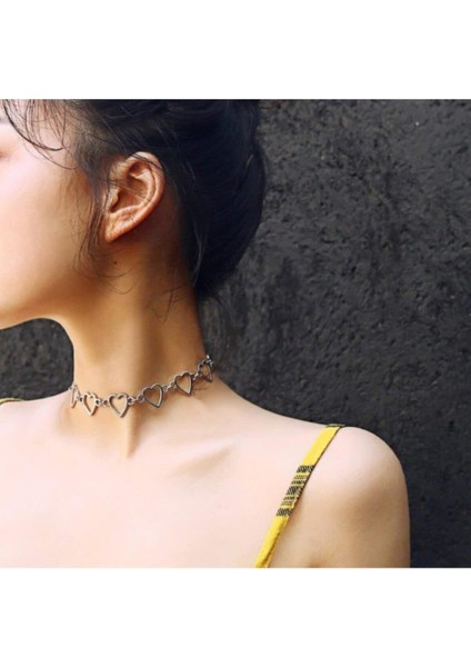 Punk Harajuku Sıralı Kalpli Choker Kolye 35 cm