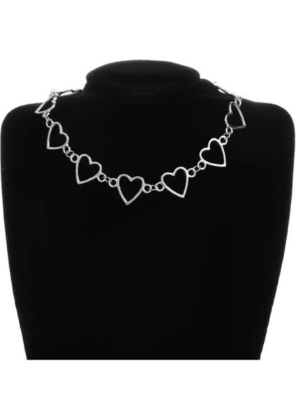 Gri Kalp Metal Zincirli Choker Kolye 35 cm