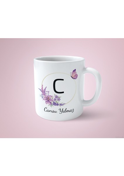 Kişiye Özel C Baş Harfli Isimli Mor Çerçeveli Beyaz Kupa Bardak-1