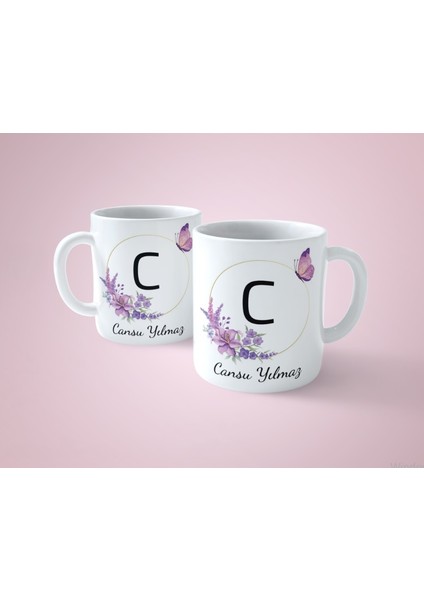 Kişiye Özel C Baş Harfli Isimli Mor Çerçeveli Beyaz Kupa Bardak-1 fiyatları