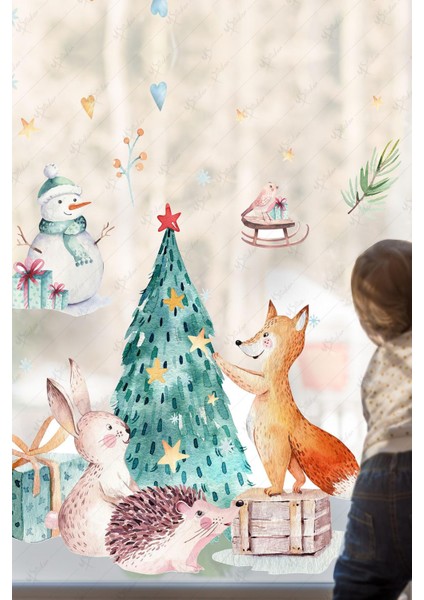 Yılbaşı Ağacı ve Sevimli Hayvanlar Cam Duvar Sticker Seti, Yılbaşı Sticker Yılbaşı Süsü modelleri