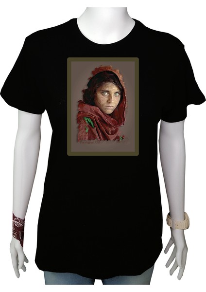 Kadın T-Shirt Siyah 'afgan Kız' Baskılı Xl