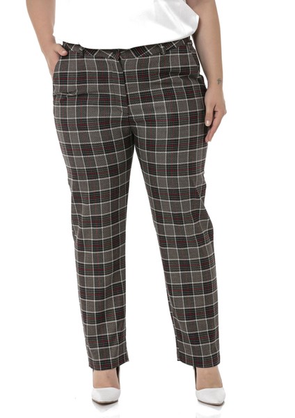 Büyük Beden Dar Paça Cepli Siyah Kırmızı Ekose Pantolon
