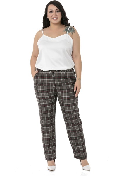 Büyük Beden Dar Paça Cepli Siyah Kırmızı Ekose Pantolon fiyatları