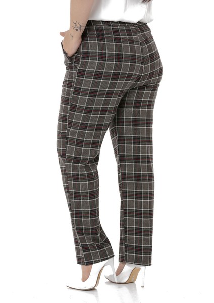 Büyük Beden Dar Paça Cepli Siyah Kırmızı Ekose Pantolon modelleri