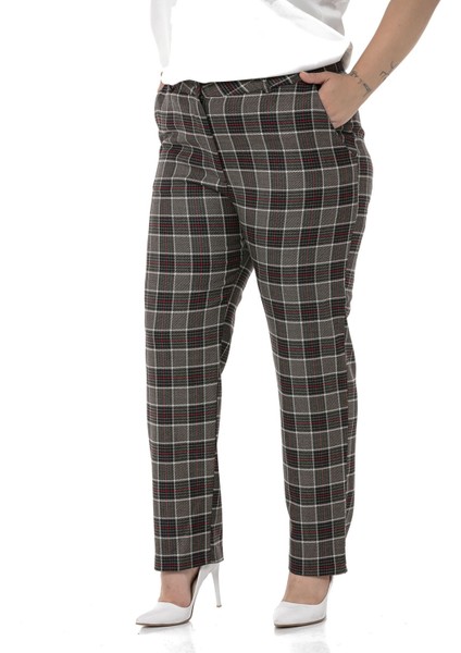 Büyük Beden Dar Paça Cepli Siyah Kırmızı Ekose Pantolon indirimleri