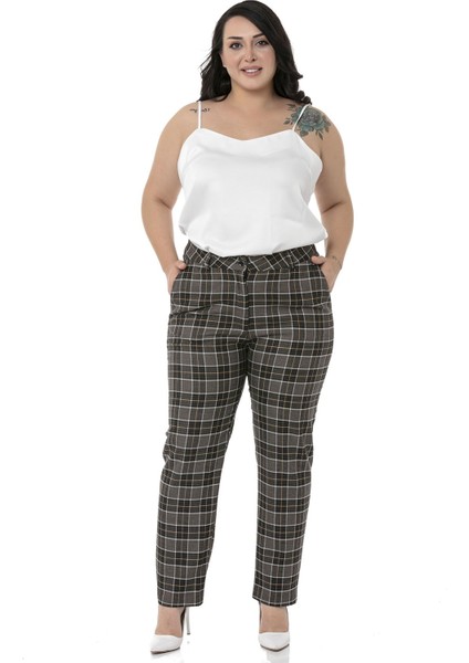 Büyük Beden Dar Paça Cepli Siyah Hardal Ekose Pantolon fiyatları